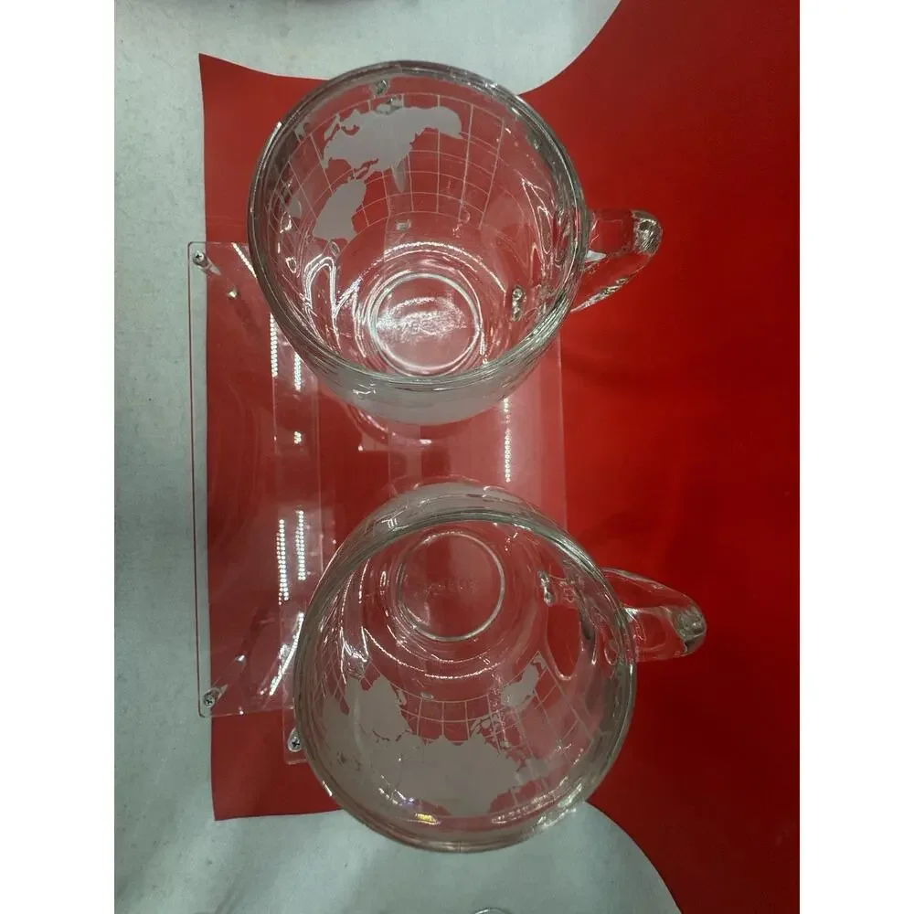 Vintage Set 2 Nestlé Etched Clear Glass Globe World Coffee 70s Mug Cups Retro